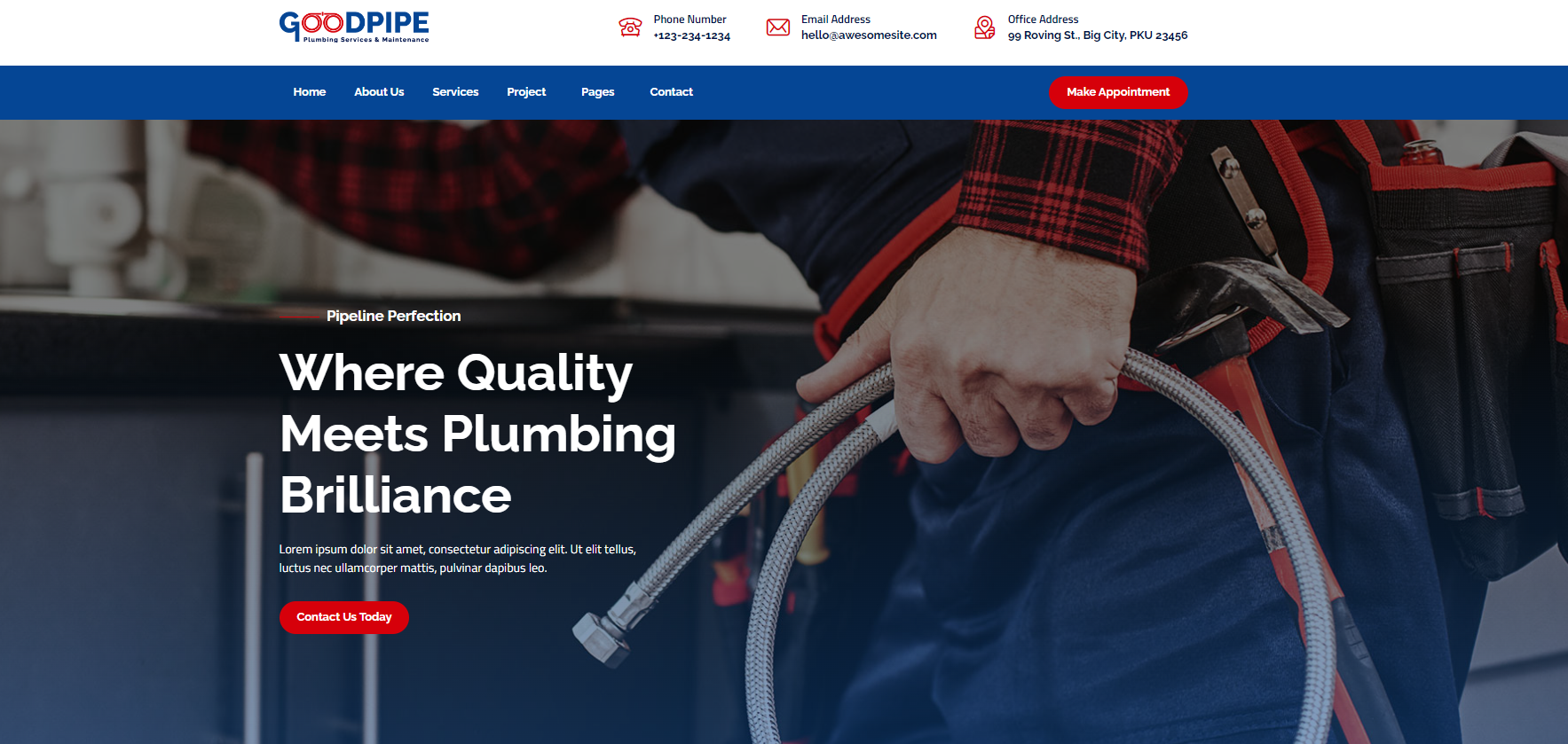 A plumber is holding a hose on a website.