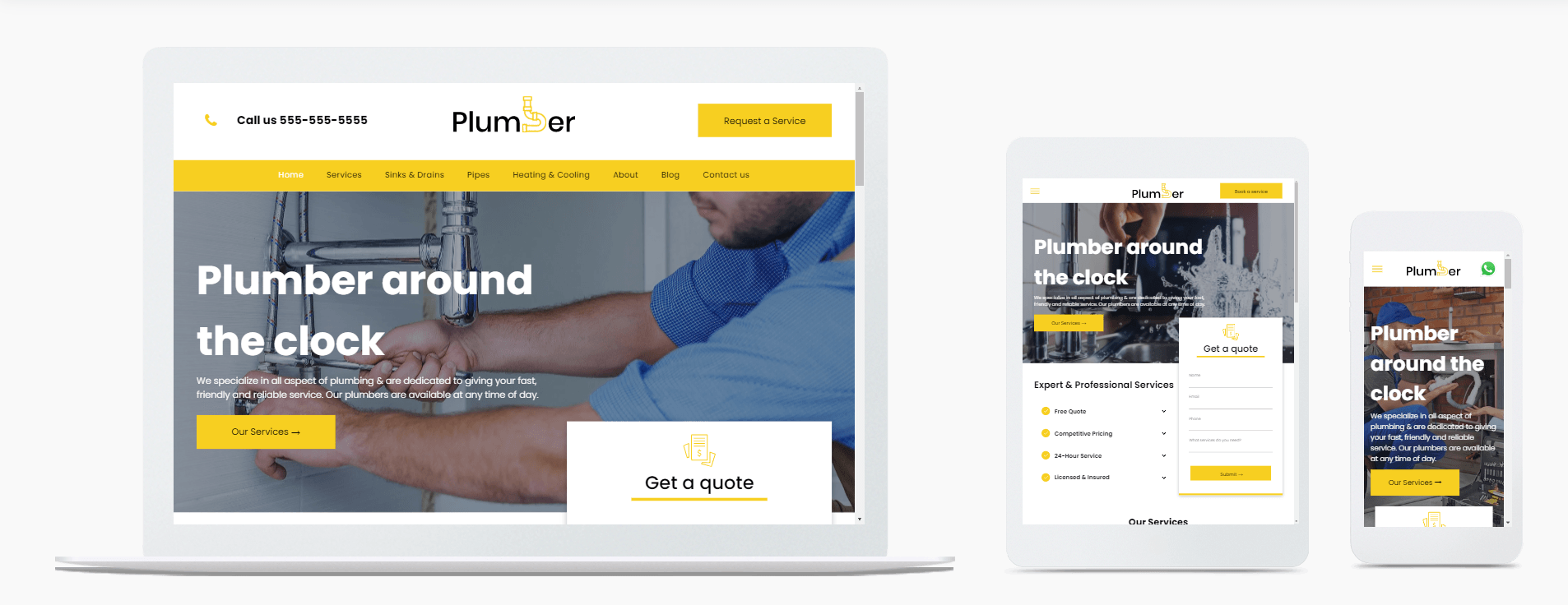 A plumber around the clock website is displayed on a laptop , tablet , and cell phone.