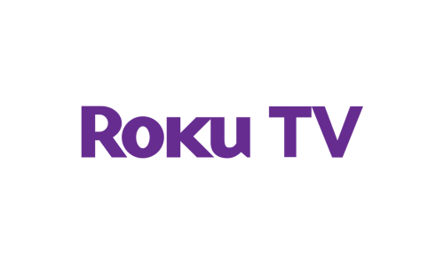 The roku tv logo is purple and white on a white background.