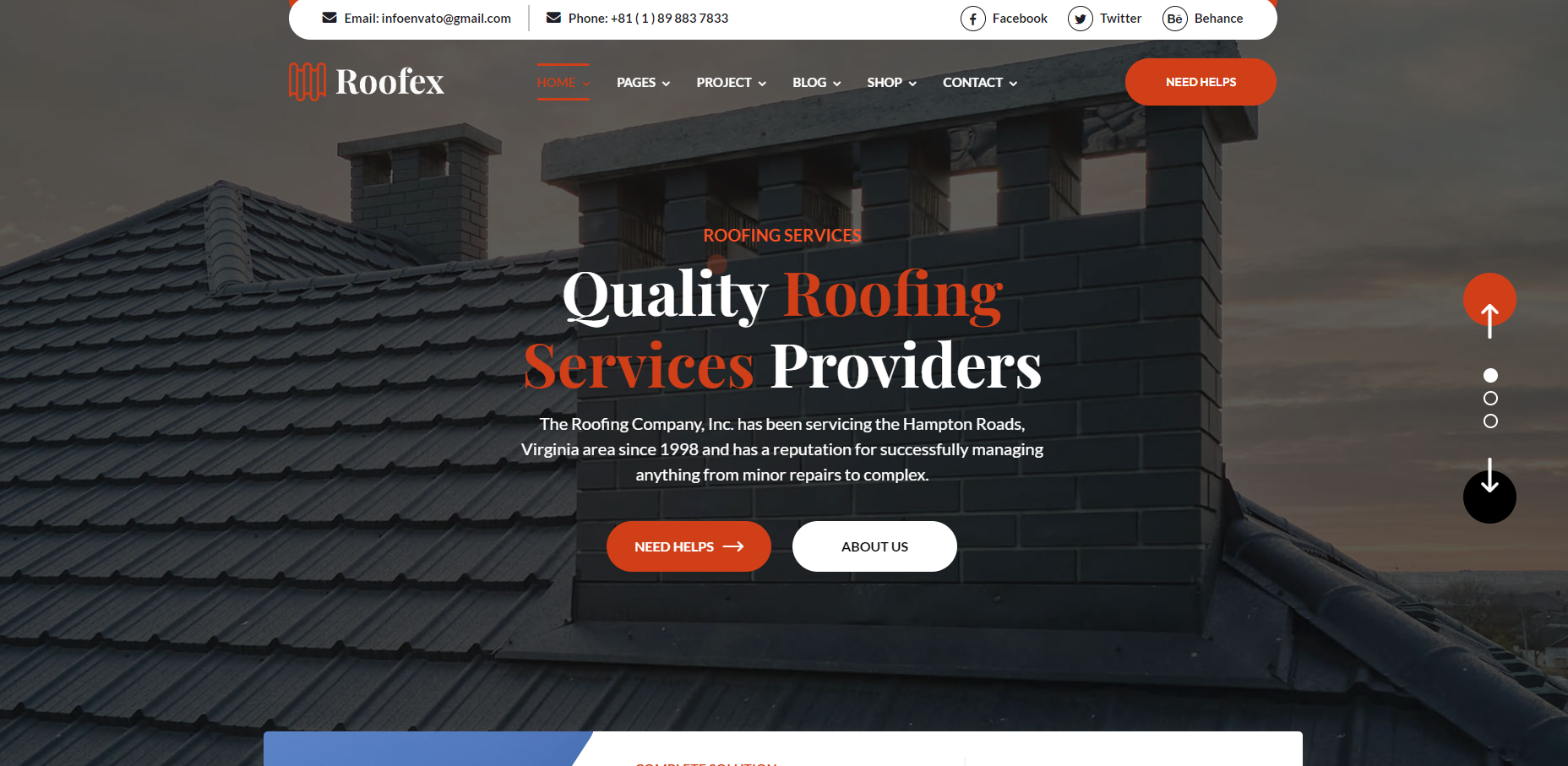 A website for quality roofing services provides a picture of a roof.
