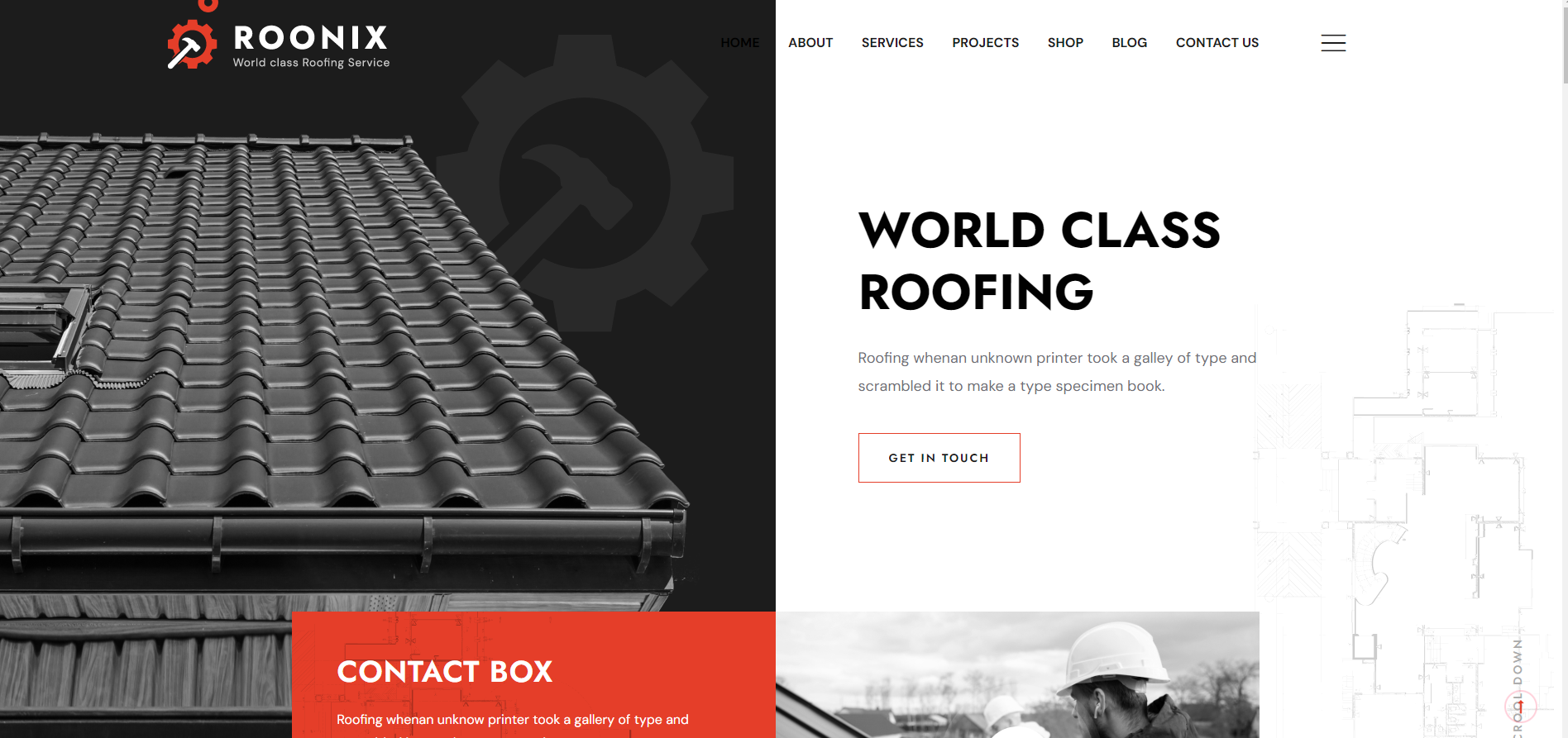 A black and white photo of a roof and a website for world class roofing.