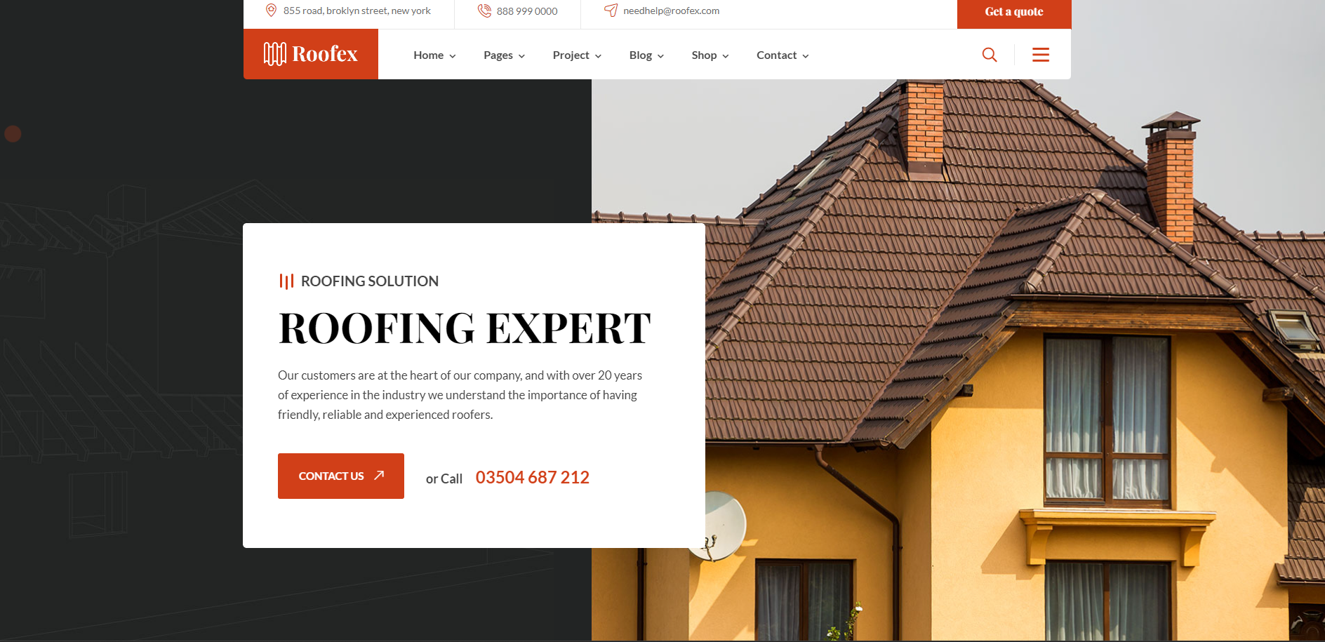 A website for a roofing expert with a picture of a house.