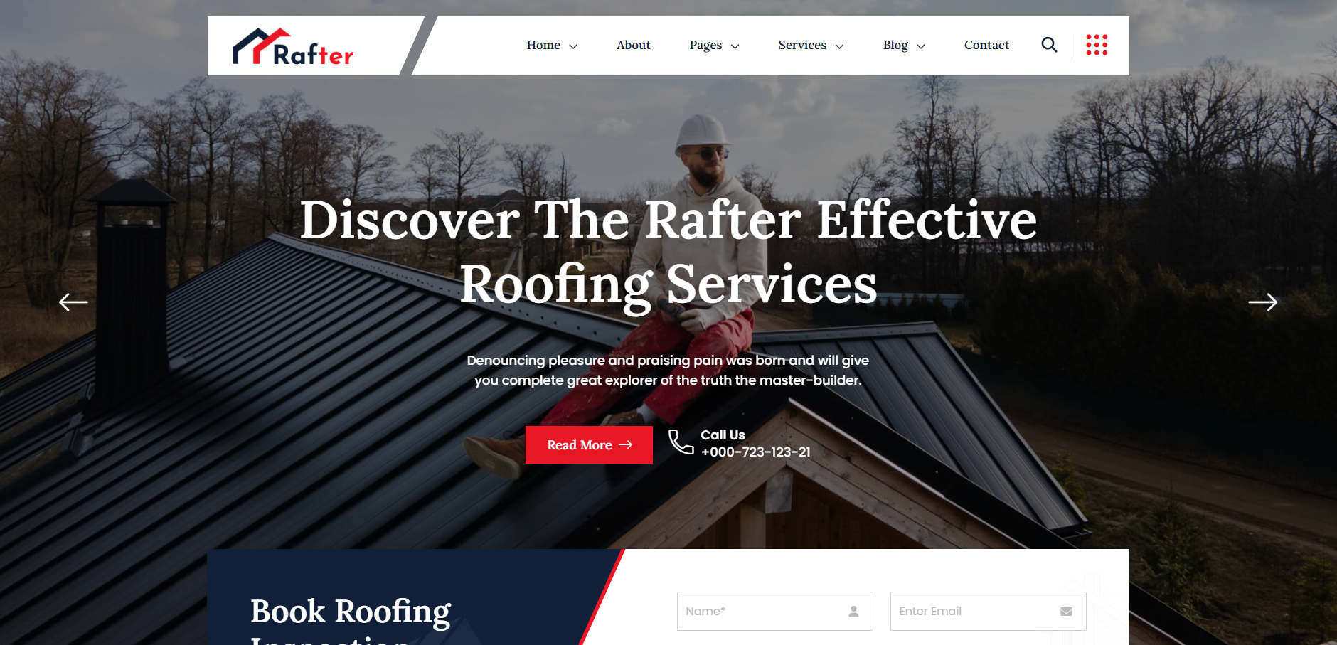 A man is standing on top of a roof advertising roofing services.