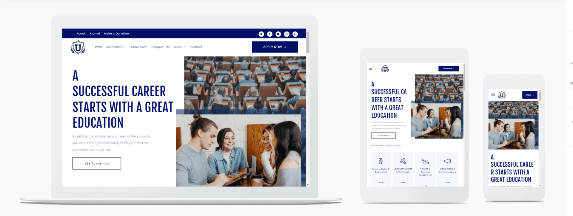 A successful career starts with a great education is displayed on a laptop , tablet , and cell phone.