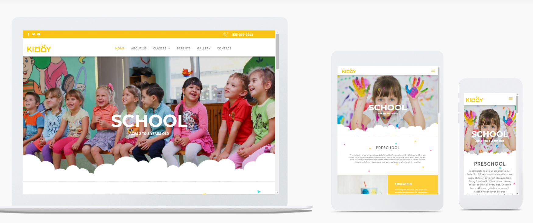 A laptop , tablet , and cell phone displaying a school website.