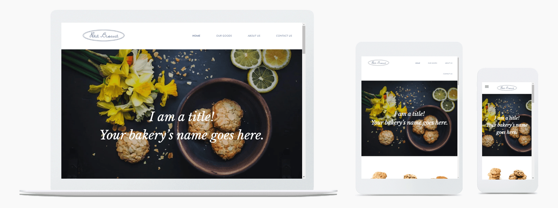 A laptop , tablet , and cell phone are displaying a website for a bakery.