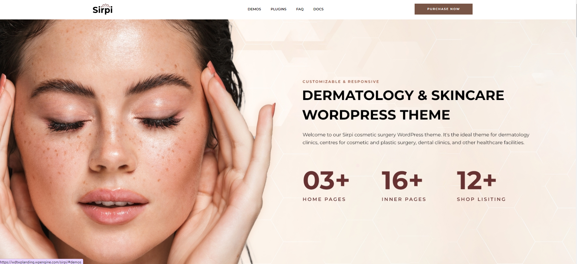 A woman is touching her face with her hands on a website for dermatology and skincare.