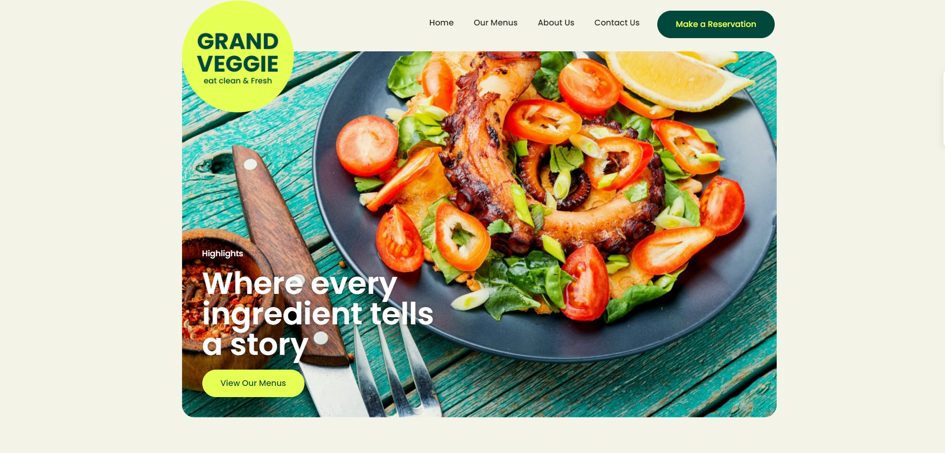 A website for grand veggie shows a plate of food on a table.