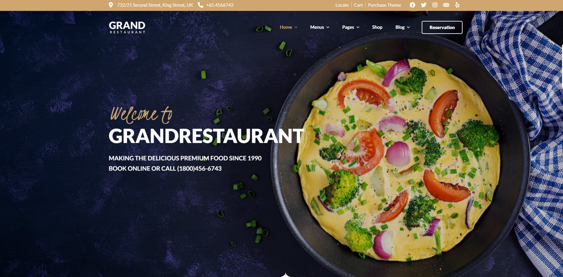 A website for a restaurant with a picture of a pizza on the homepage.