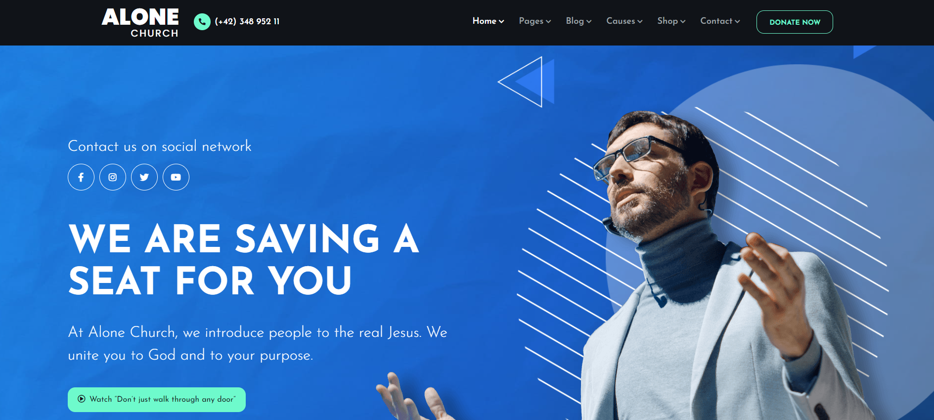 A man is standing in front of a blue background with the words `` we are saving a seat for you ''.