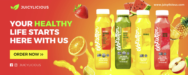 A banner for juicylicious juices that says `` your healthy life starts here with us ''.