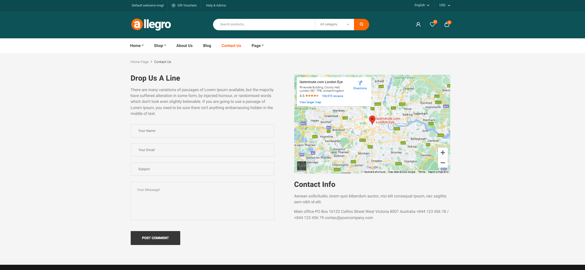 A screenshot of a website with a map on it.