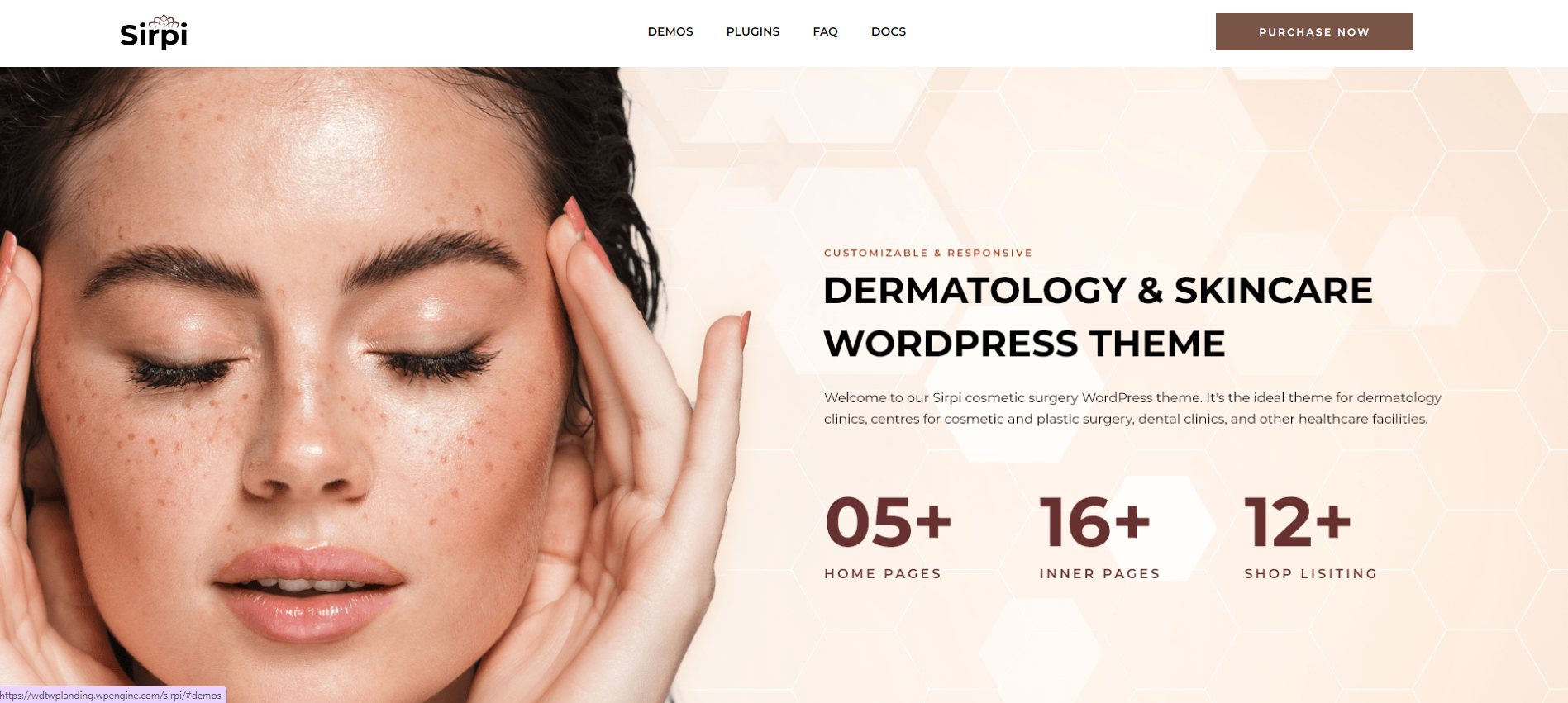 A woman with her hands on her face is on the homepage of a dermatology and skincare wordpress theme.