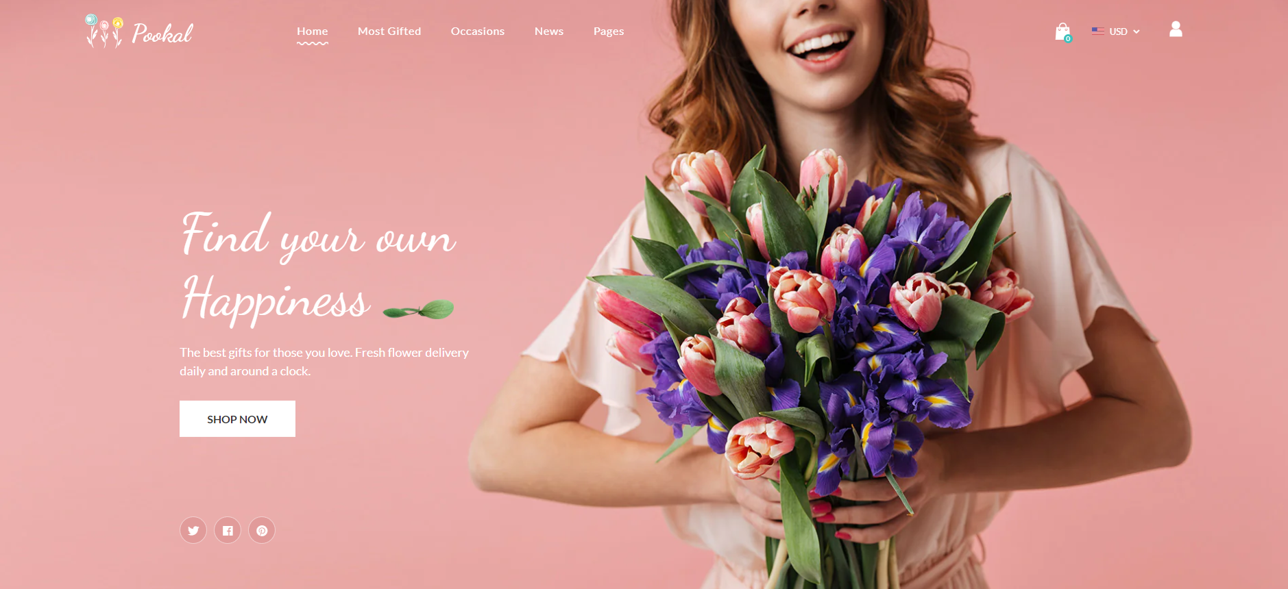 A woman is holding a bouquet of flowers on a pink background.