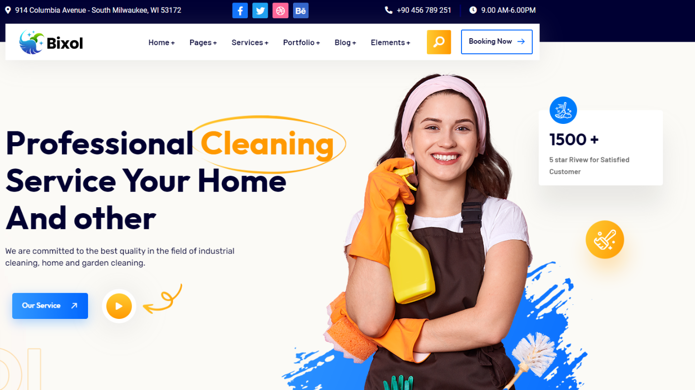 A woman is holding a spray bottle on a cleaning website.
