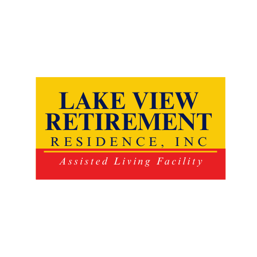 A yellow and red logo for lake view retirement residence inc