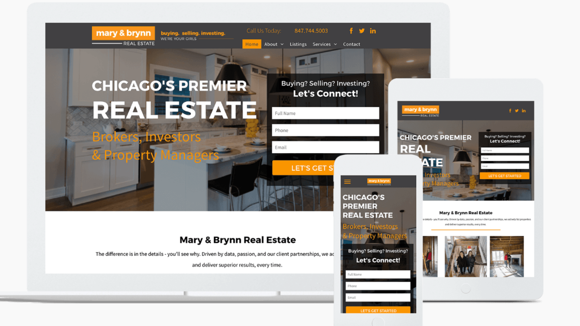 A real estate website is displayed on a laptop , tablet , and phone.