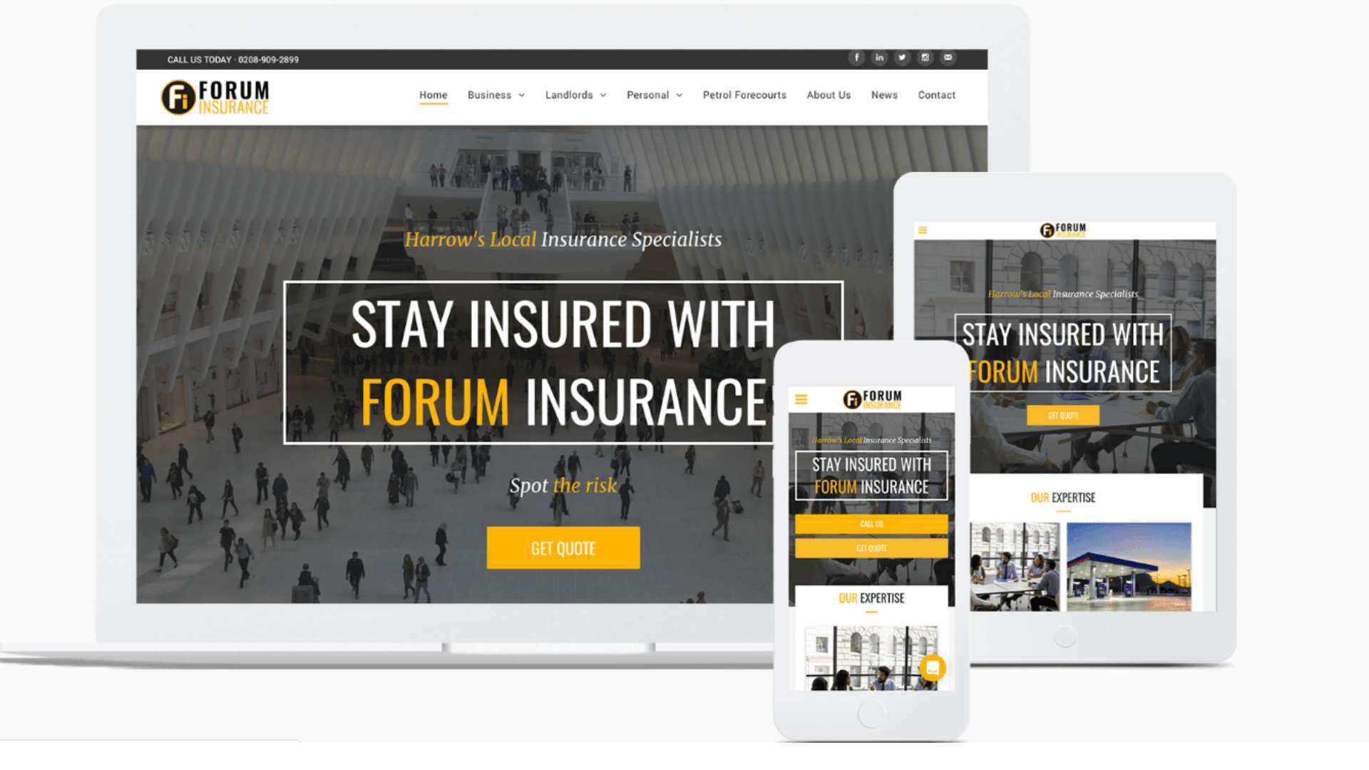 A laptop , tablet , and cell phone are displaying a website for forum insurance.