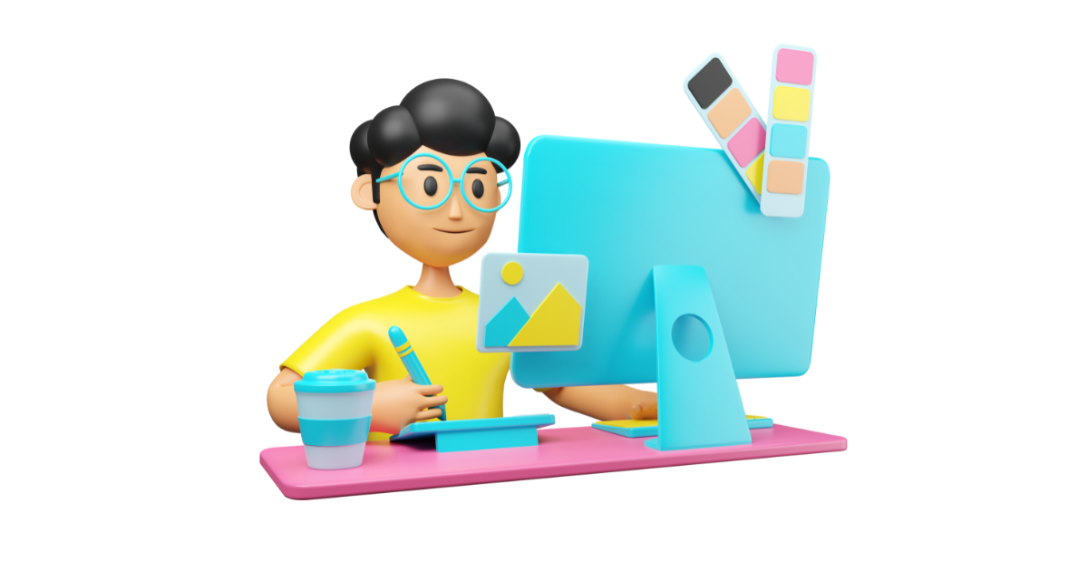 A cartoon character is sitting at a desk in front of a computer.