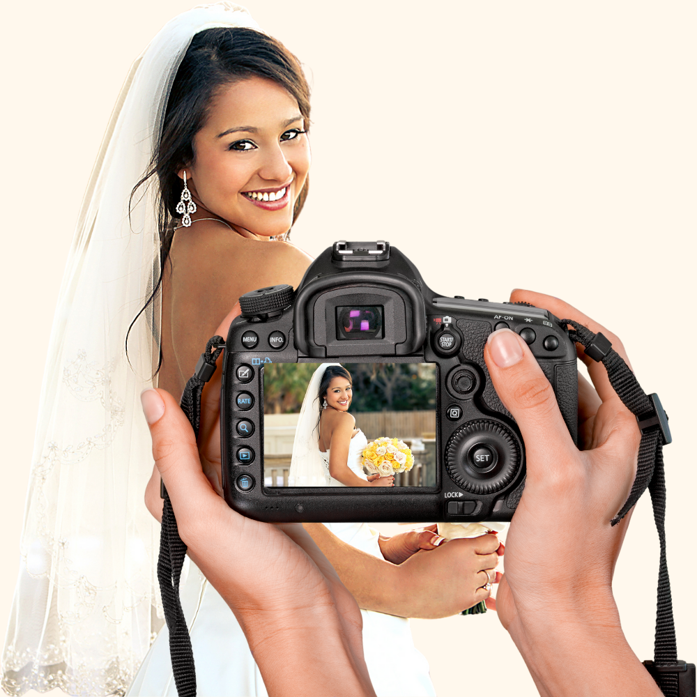 A person is taking a picture of a bride with a camera