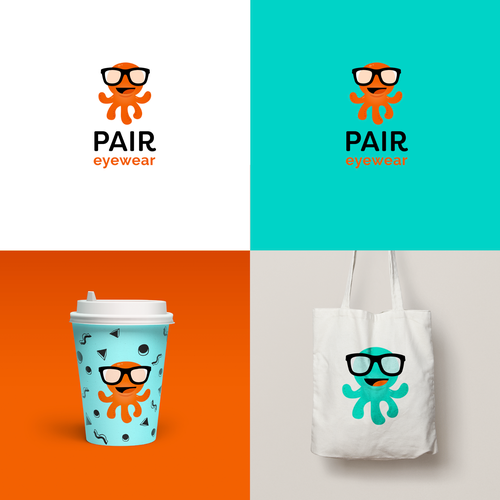 A logo for pair eyewear with an octopus wearing glasses