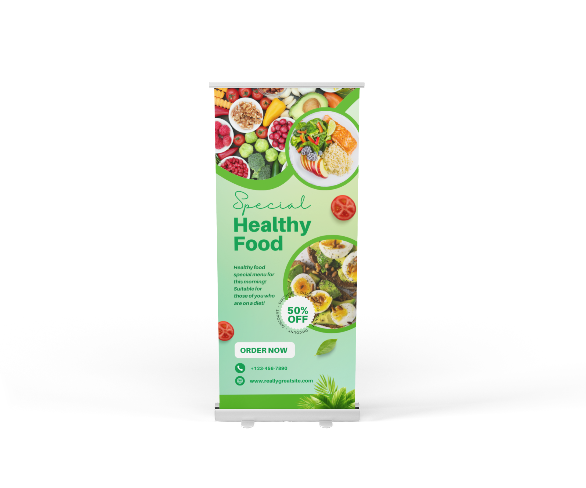 A roll up banner with a picture of healthy food on it.