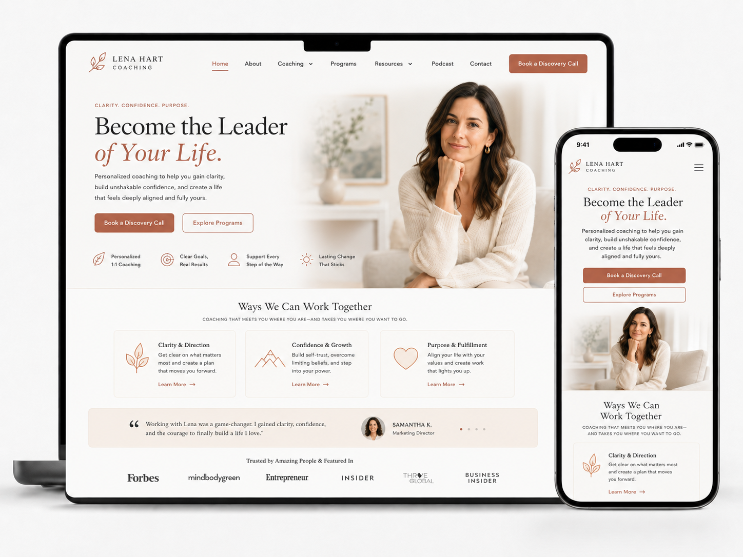 Website homepage mockup on laptop and phone, featuring a woman portrait and the headline “Become the Leader of Your Life.”