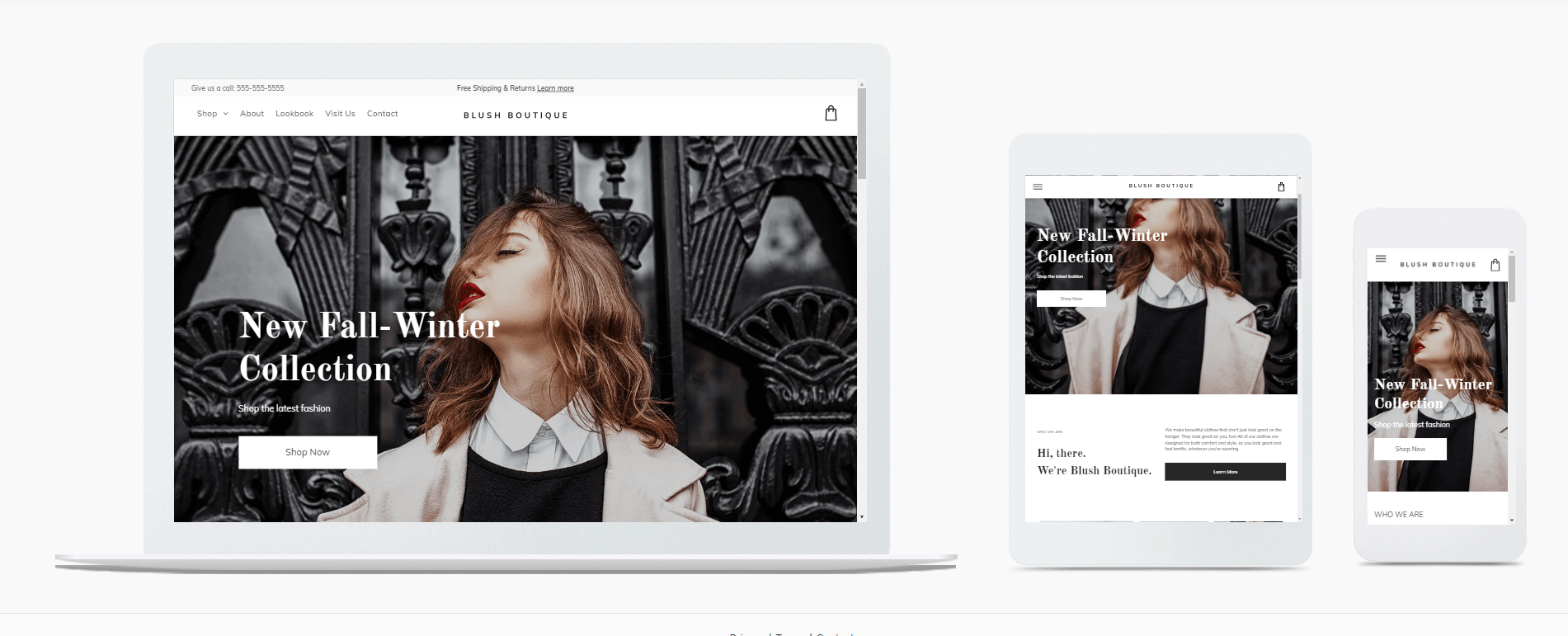 A laptop , tablet , and cell phone are displaying a website.