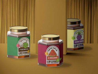 Three jars of jam are sitting next to each other on a table.