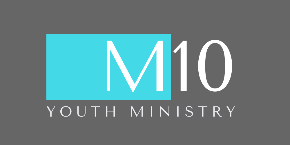 The logo for m10 youth ministry is blue and white on a gray background.