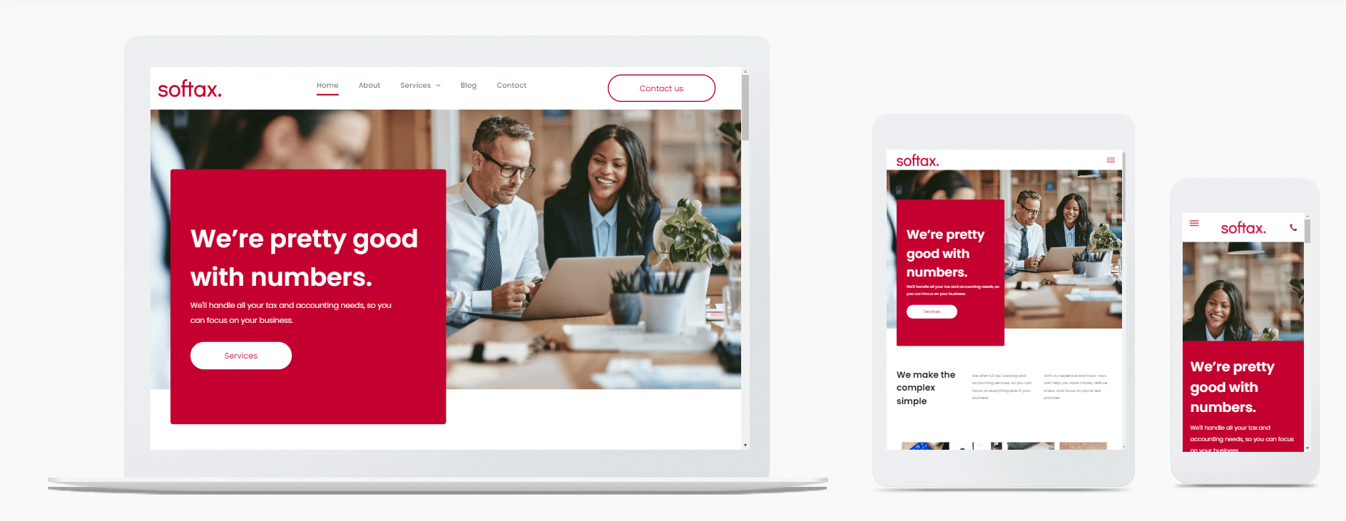 A laptop , tablet , and cell phone displaying a website.
