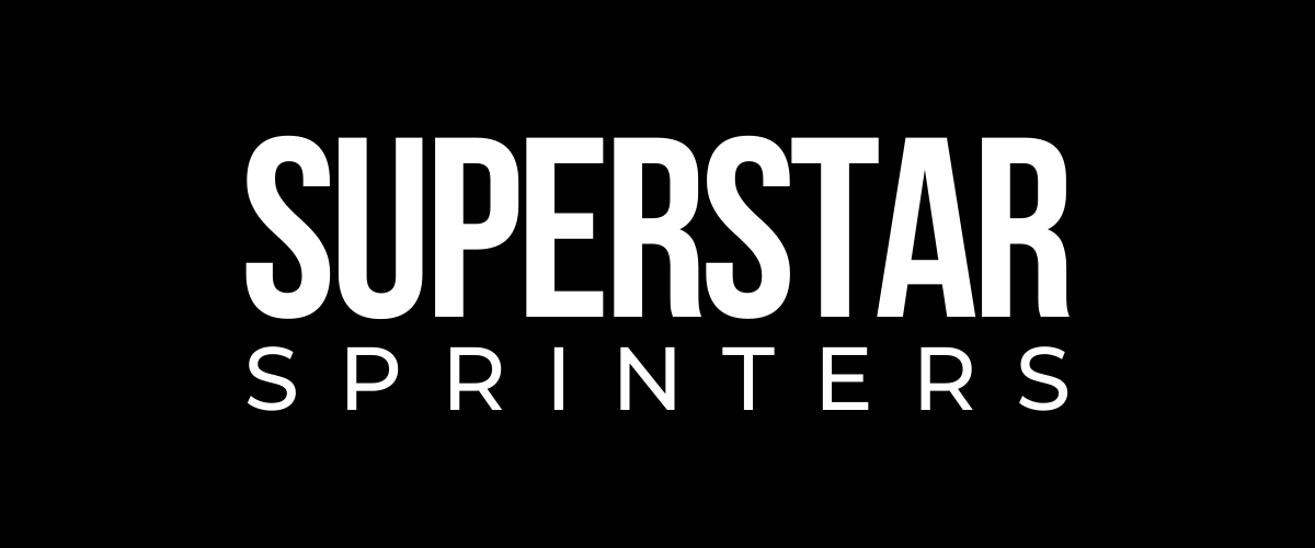 The logo for superstar sprinters is white on a black background.