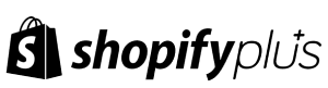 A black and white logo for shopify plus with a shopping bag on a white background.