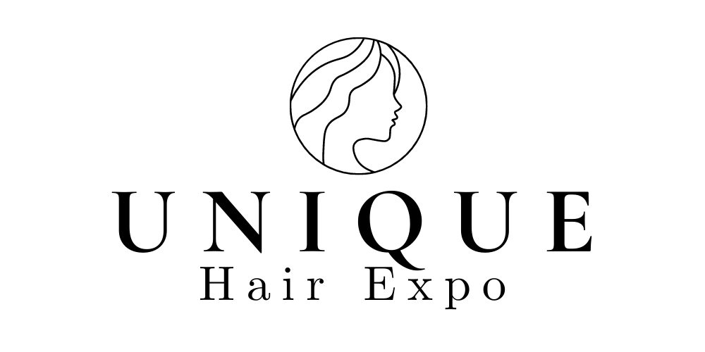 A black and white logo for unique hair expo with a woman 's face in a circle.