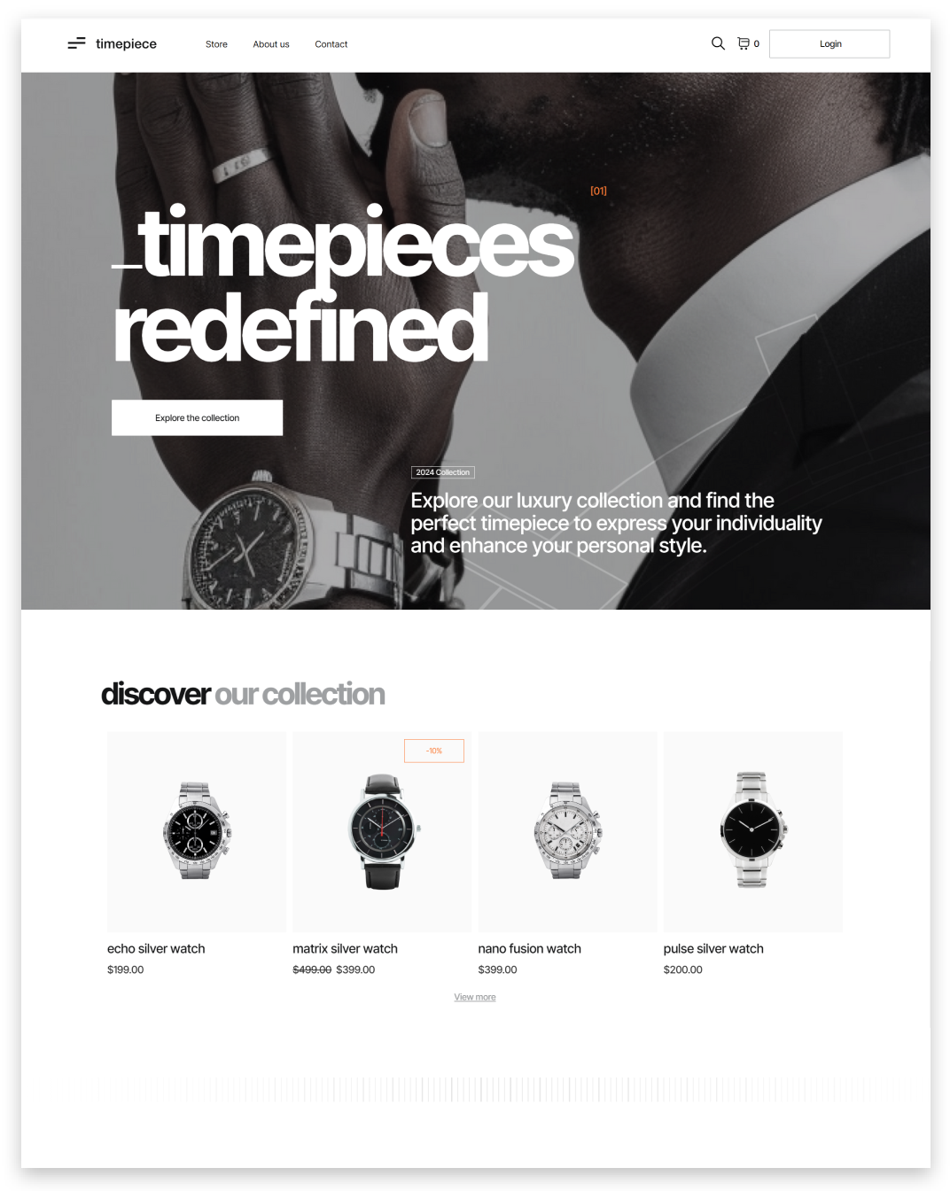 Minimalist watch store homepage with large hero banner and featured watch collection grid