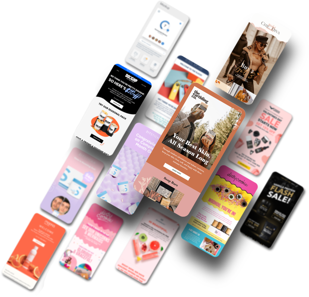 Scattered mobile app screen mockups in various colors on a white background