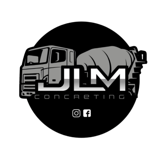 Logo for JLM Concreting featuring a grey cement mixer truck, bold silver metallic lettering, and social media icons.