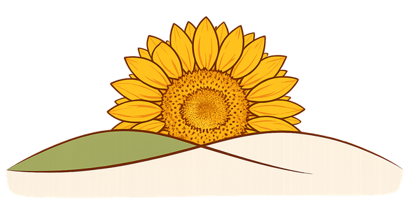 Un girasole giallo brillante si erge dietro due dolci colline verdi e beige.