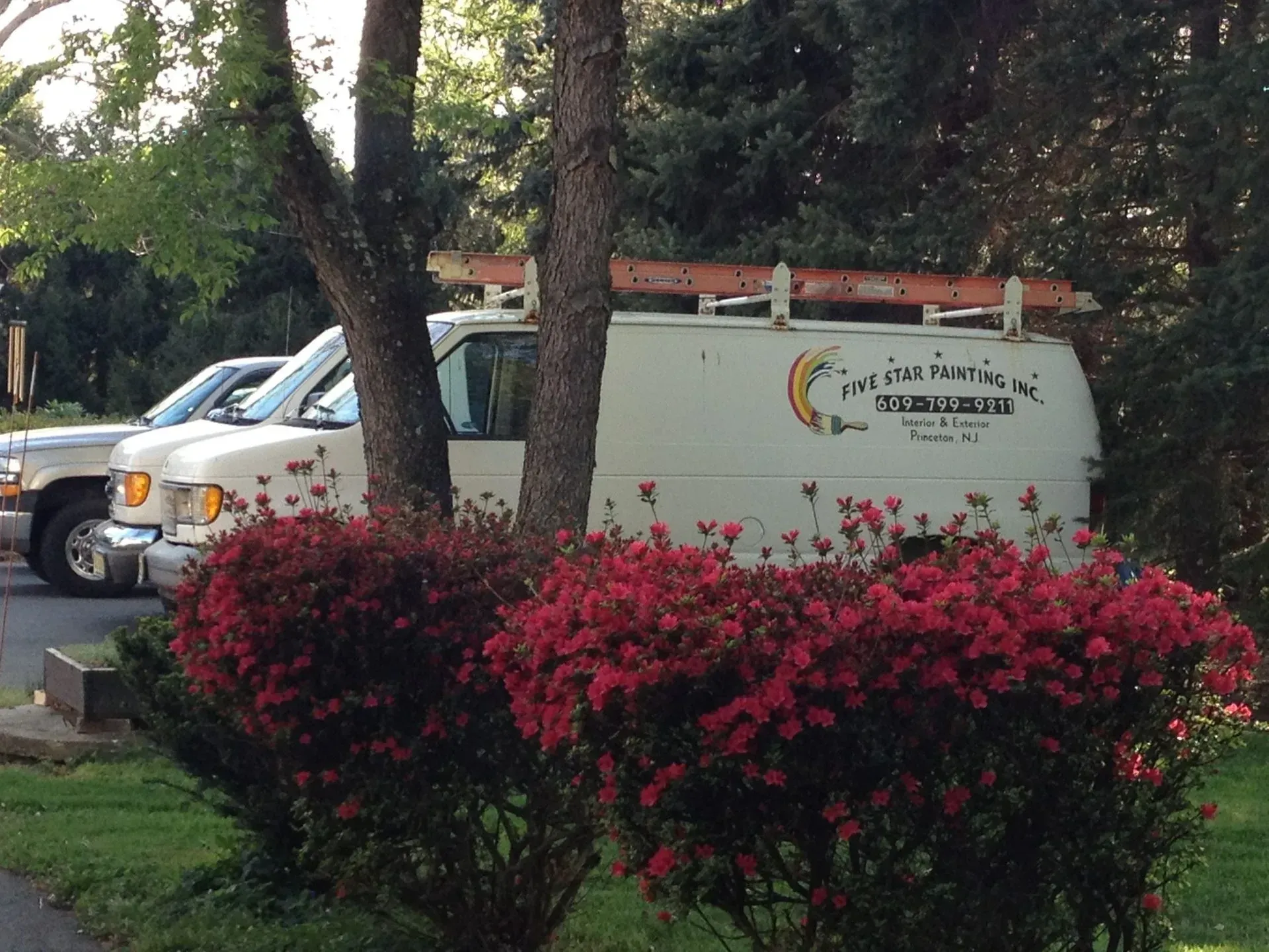 A white van is parked next to a bush with red flowers
