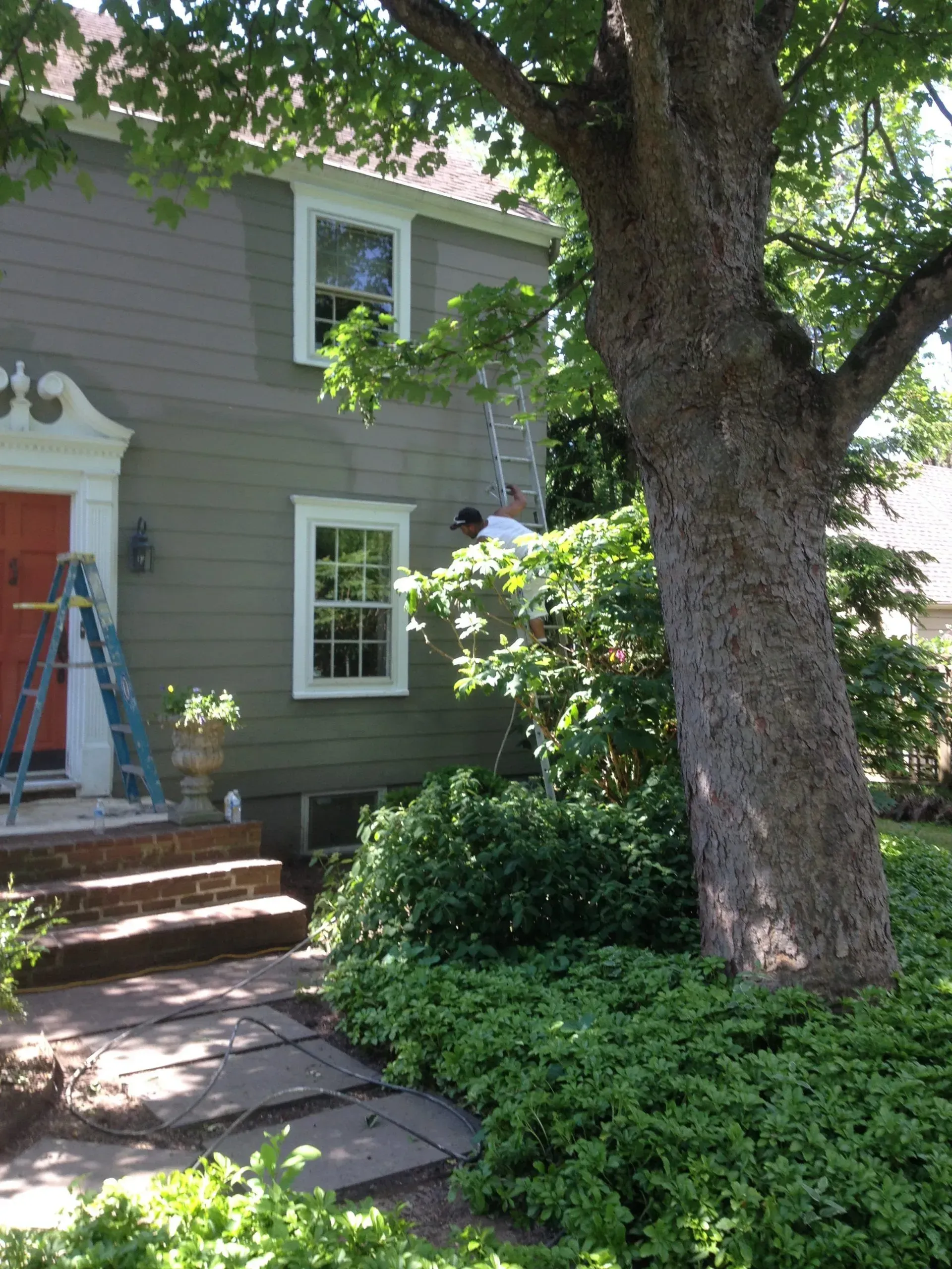 A man is painting the side of a house with a ladder.