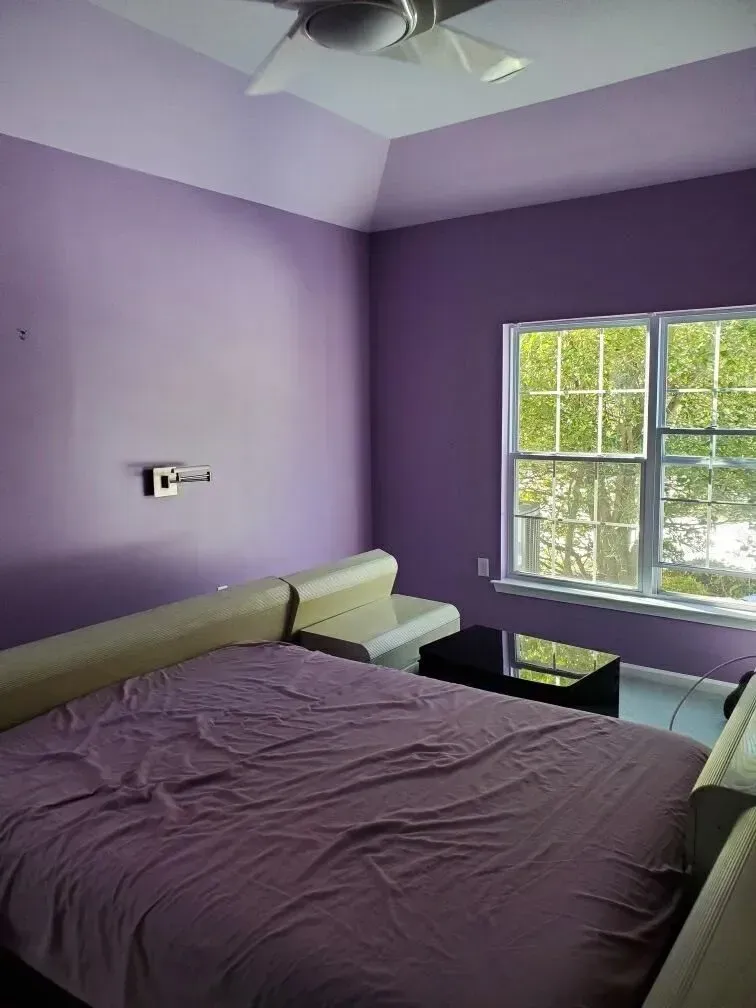 A bedroom with purple walls and a purple bed
