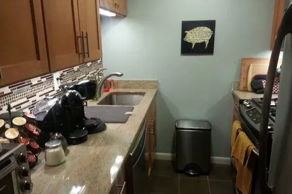 A kitchen with a picture of a pig on the wall