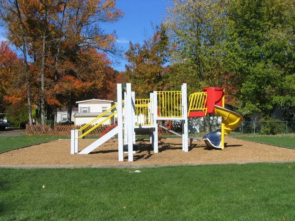A colorful playground set in a park with trees in the background.
