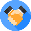 A pair of hands shaking each other in a blue circle.