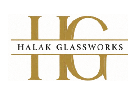 Gold logo with "HG" over "HALAK GLASSWORKS" in black.