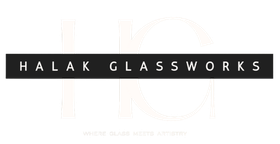 A black and white logo for halak glassworks