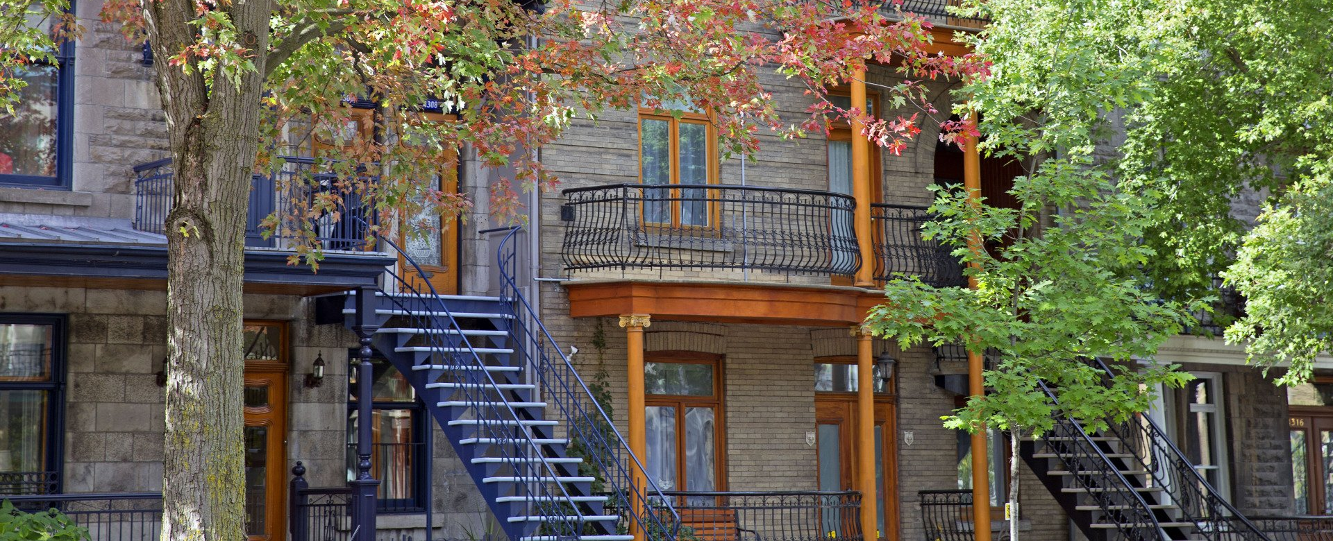 Maisons en pierre avec escaliers extérieurs et arbres.