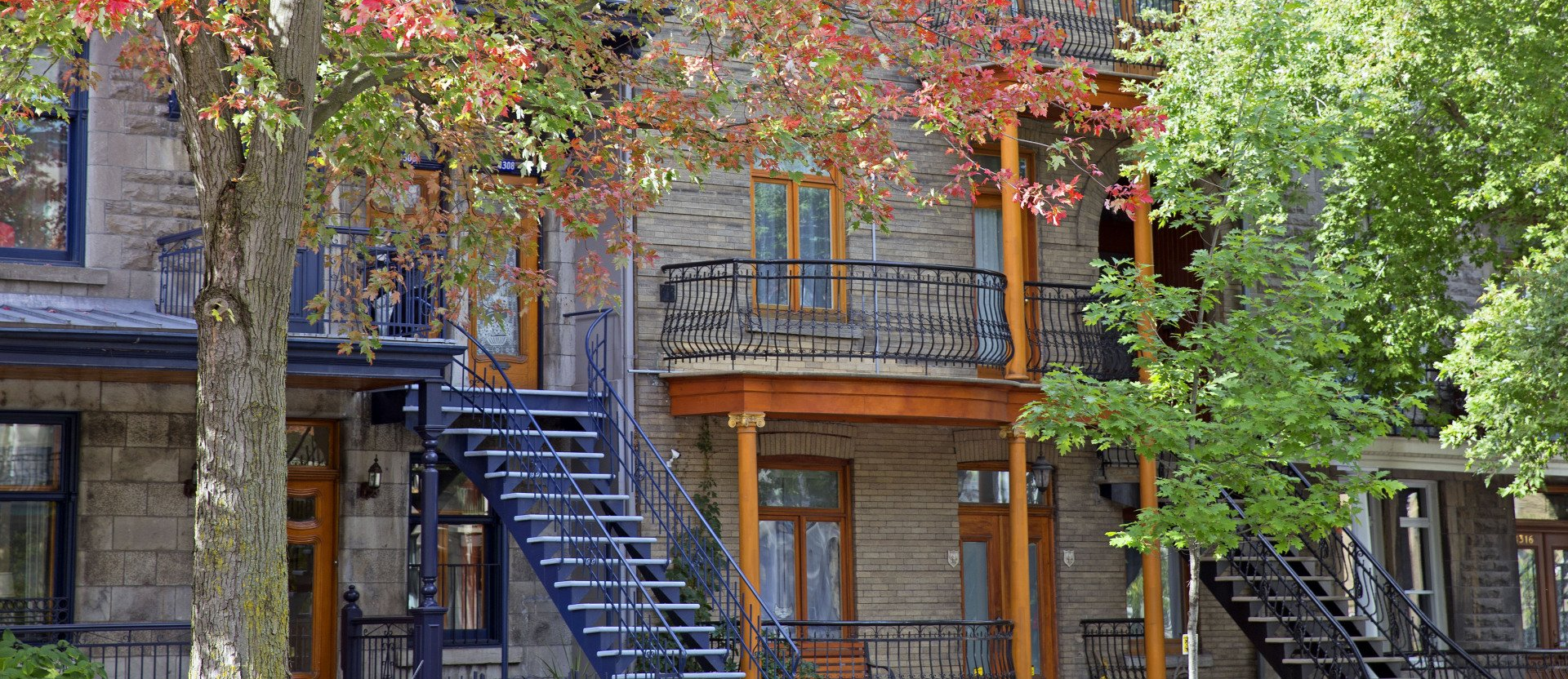 Rangée de bâtiments en pierre avec escaliers extérieurs et arbres aux couleurs d'automne.