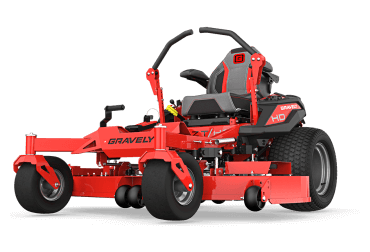 A red gravely zero turn lawn mower on a white background.