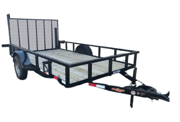 A small trailer with a wooden deck and a metal frame on a white background.